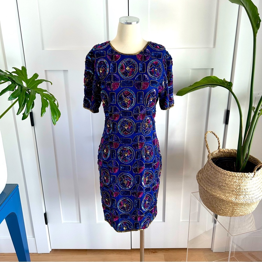 Super Fun, Beaded Short Sleeve Blue Cocktail Dress